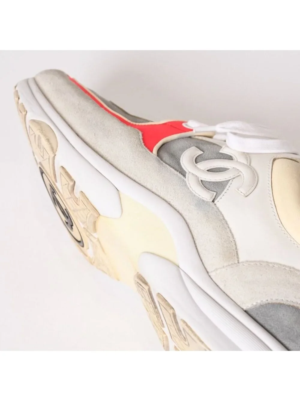 Chanel CC Logo Suede Sneakers White Gray